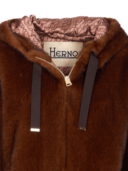 Herno Faux Fur Zip-Up Hooded Brown Coat Brown