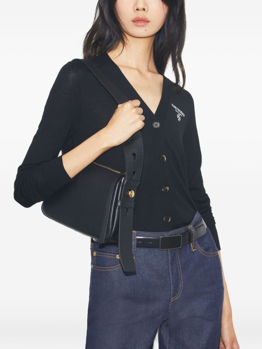 Tory Burch Romy Small Black Pebbled Leather Shoulder Bag Black