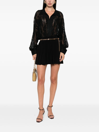 Norma Kamali Floral Lace Oversized Collared Black Bodysuit Black