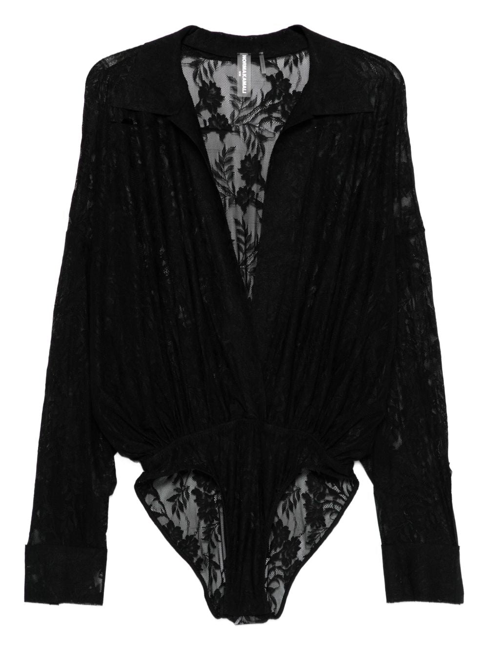 Norma Kamali Floral Lace Oversized Collared Black Bodysuit Black