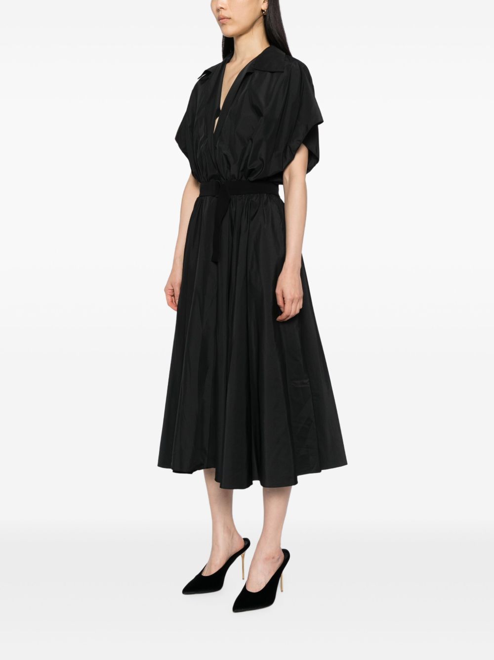 Norma Kamali Black Flared-Hem Midi Dress with Adjustable Waist Strap Black