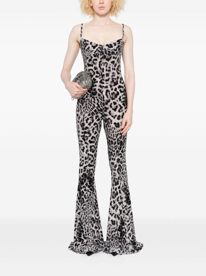Norma Kamali Leopard-Print Flared Jumpsuit With Adjustable Straps Brown