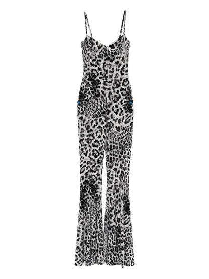 Norma Kamali Leopard-Print Flared Jumpsuit With Adjustable Straps Brown