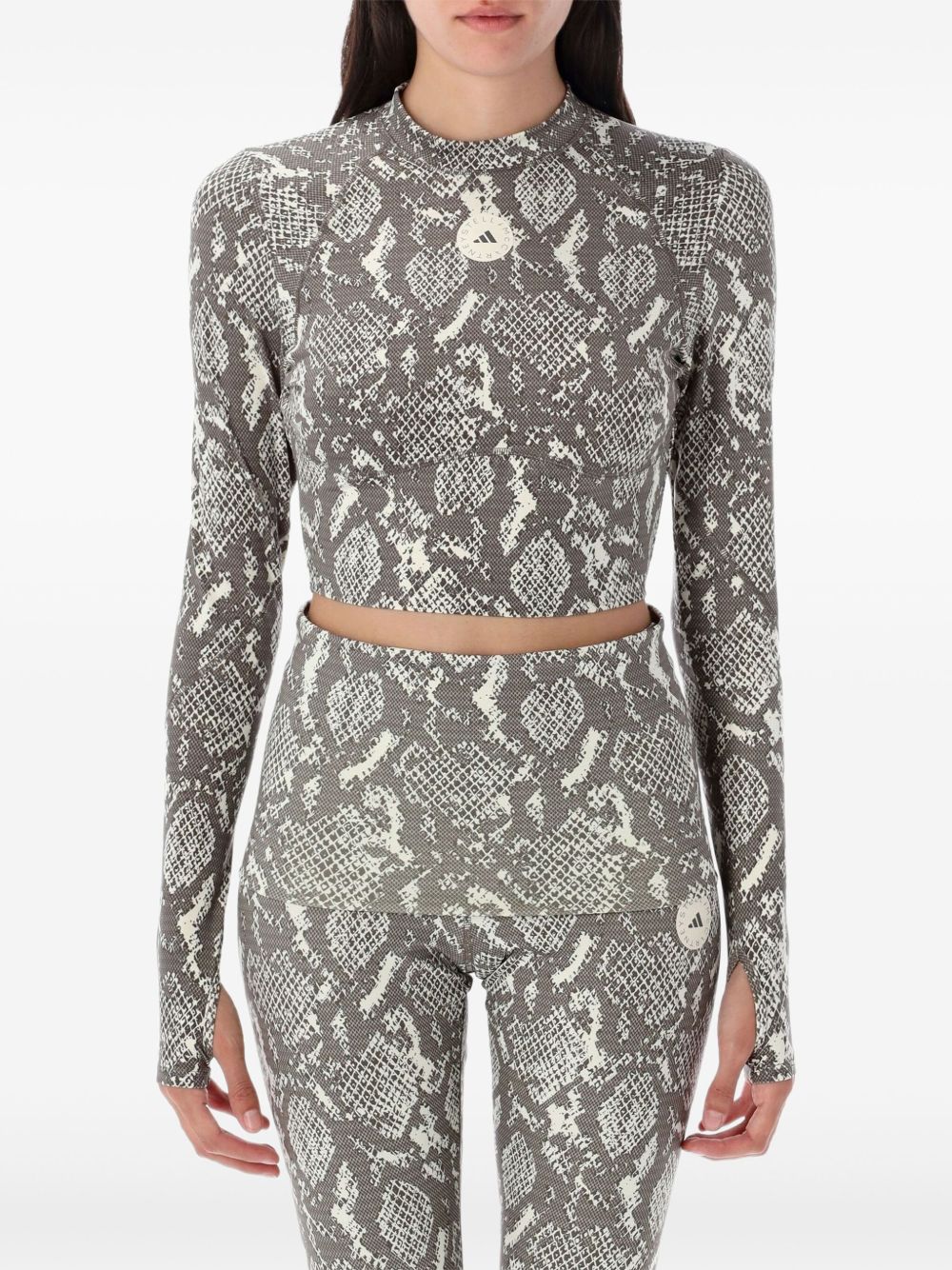 Adidas By Stella McCartney Snake-Print Cropped Long-Sleeve Stretch Top Beige