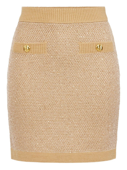 Elisabetta Franchi Ribbed Wool Knit Midi Skirt Beige