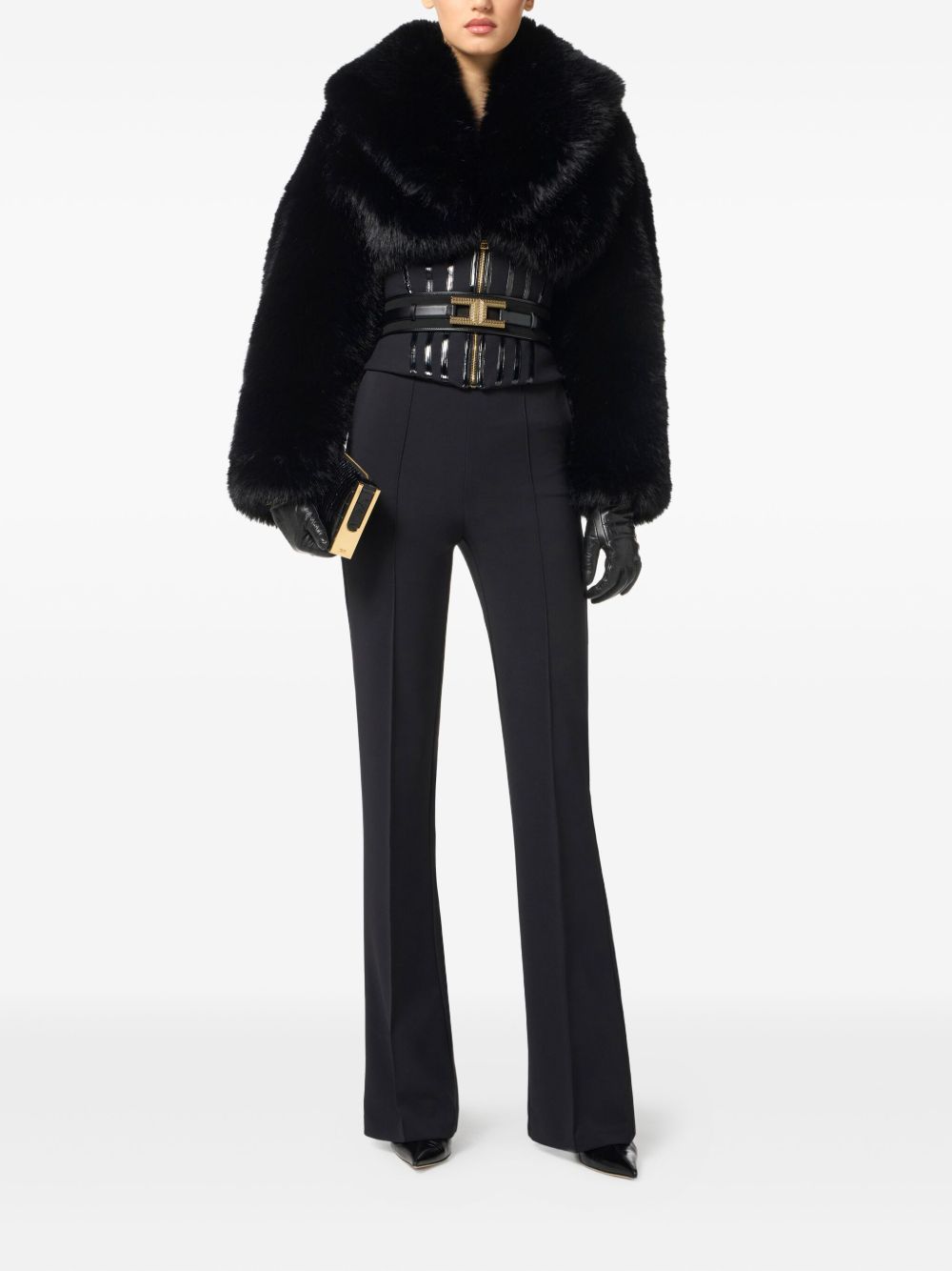 Elisabetta Franchi High-Waisted Chain Detail Crepe Flared Trousers Black