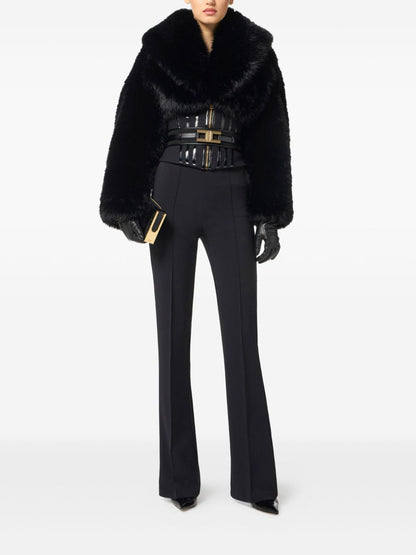 Elisabetta Franchi High-Waisted Chain Detail Crepe Flared Trousers Black