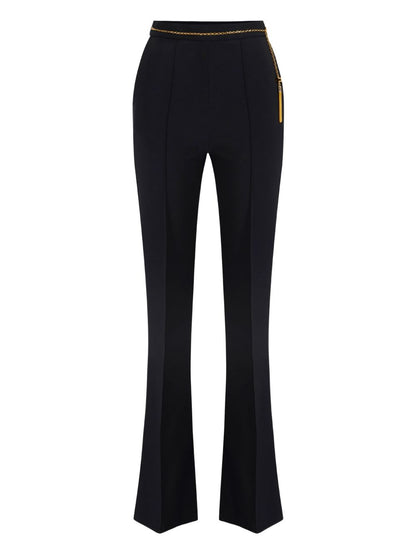 Elisabetta Franchi High-Waisted Chain Detail Crepe Flared Trousers Black