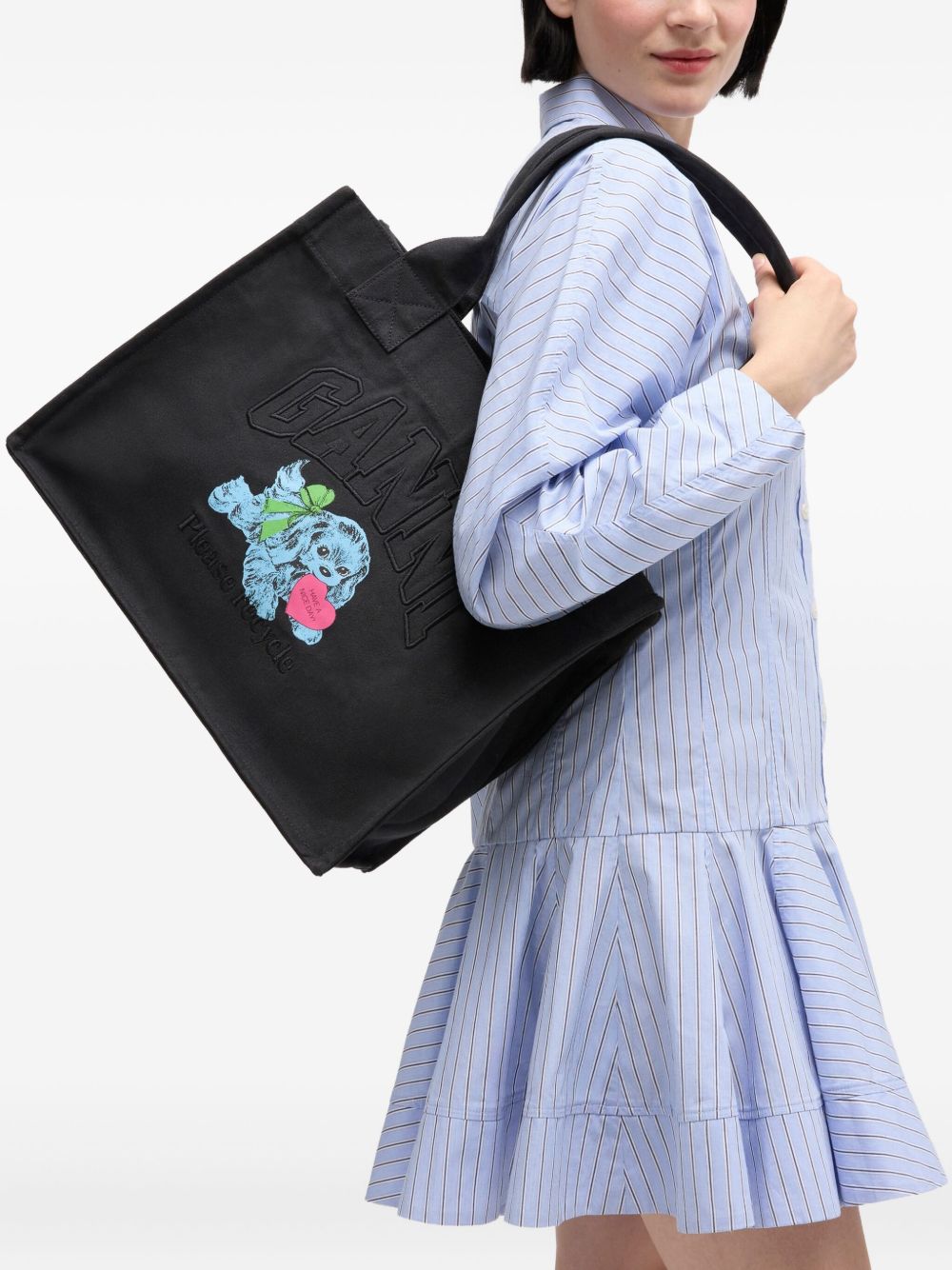 Ganni Puppy Embroidered Recycled Cotton Large Tote Bag Grey