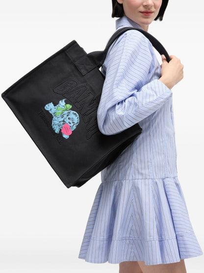 Ganni Puppy Embroidered Recycled Cotton Large Tote Bag Grey