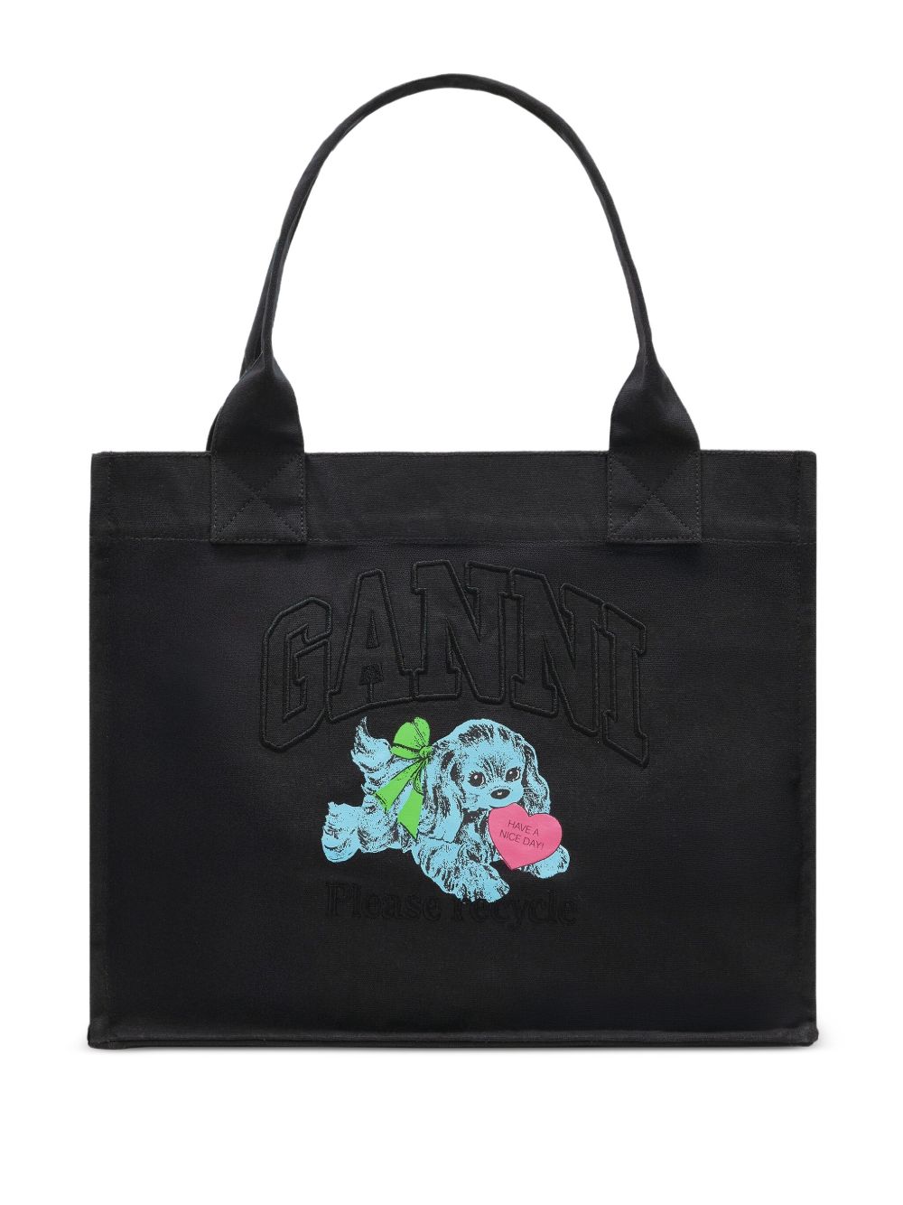 Ganni Puppy Embroidered Recycled Cotton Large Tote Bag Grey