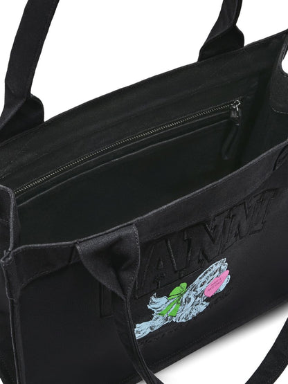 Ganni Puppy Embroidered Recycled Cotton Large Tote Bag Grey
