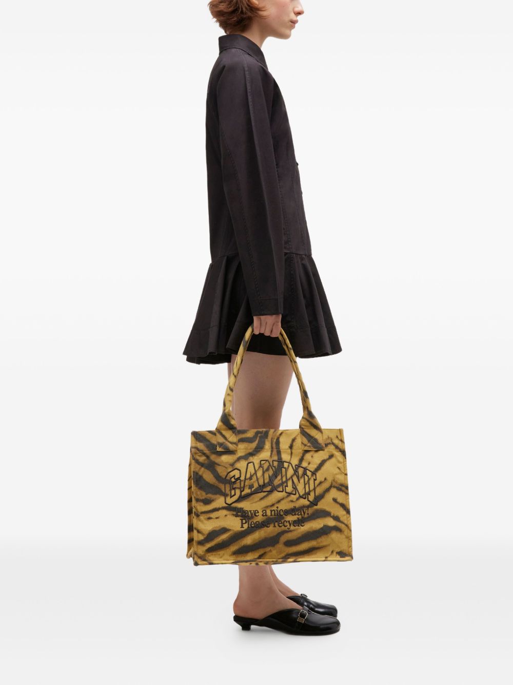 Ganni Tiger-Print Recycled Cotton Large Tote Bag Khaki