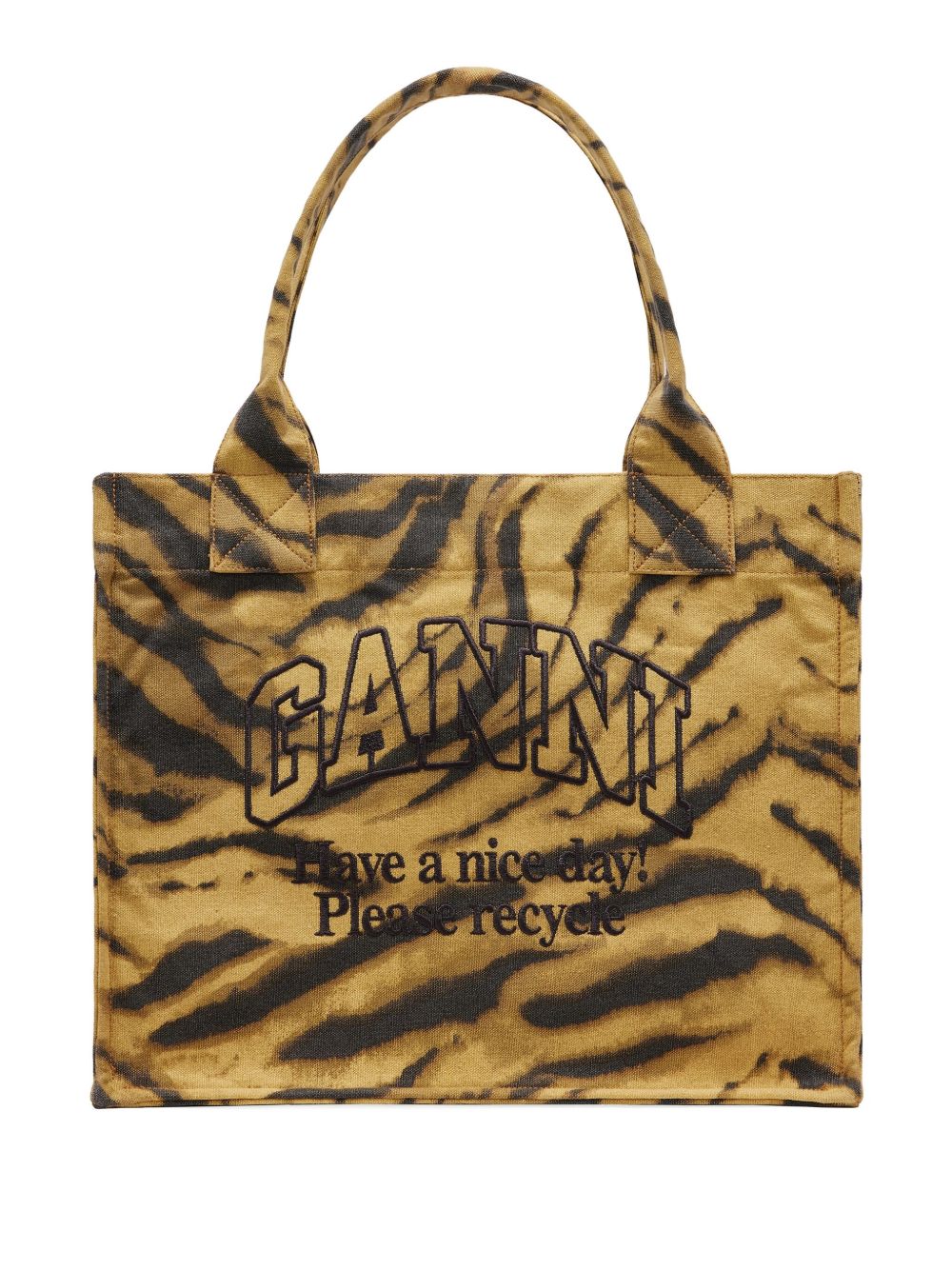 Ganni Tiger-Print Recycled Cotton Large Tote Bag Khaki