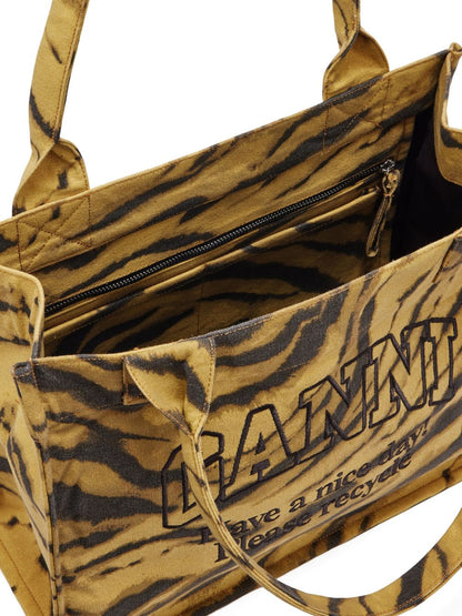 Ganni Tiger-Print Recycled Cotton Large Tote Bag Khaki