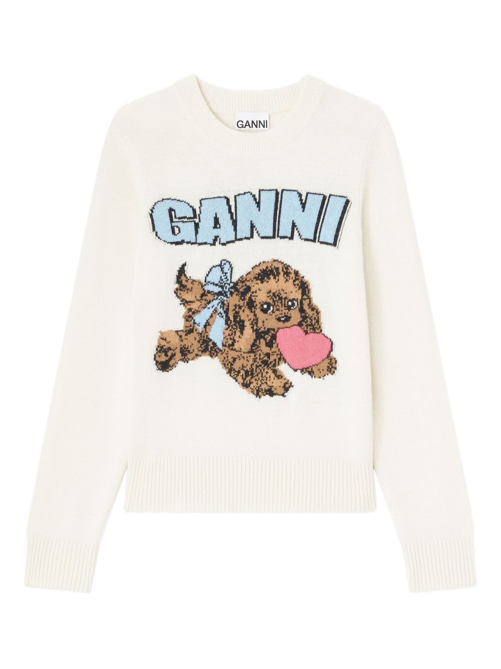 Ganni Fluffy Wool Dog Intarsia Crewneck Sweater Beige