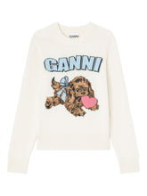 Ganni Fluffy Wool Dog Intarsia Crewneck Sweater Beige