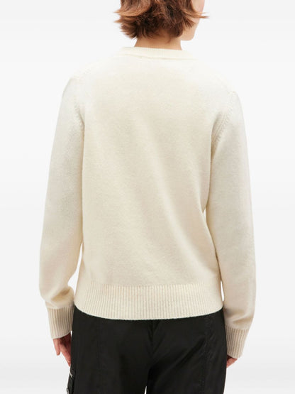 Ganni Fluffy Wool Dog Intarsia Crewneck Sweater Beige
