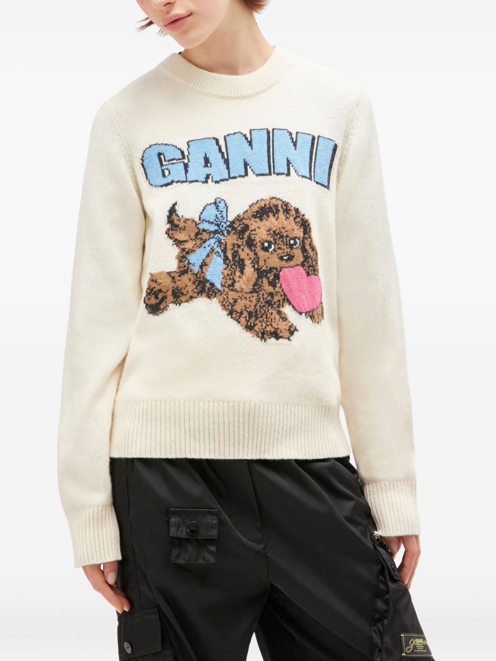 Ganni Fluffy Wool Dog Intarsia Crewneck Sweater Beige