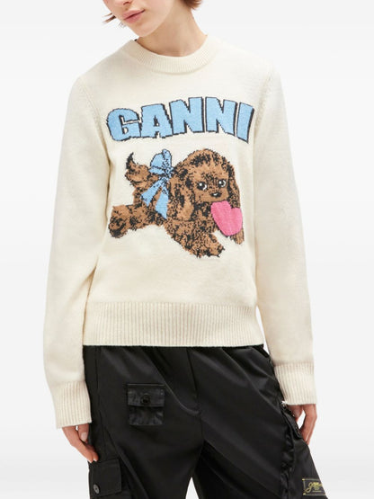 Ganni Fluffy Wool Dog Intarsia Crewneck Sweater Beige