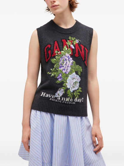 Ganni Floral Wool Sleeveless Vest in Grey Grey