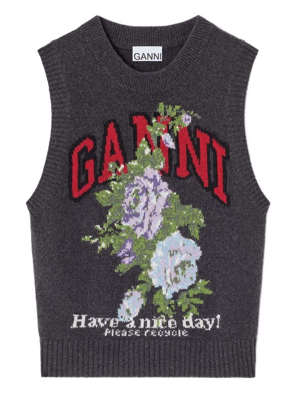 Ganni Floral Wool Sleeveless Vest in Grey Grey