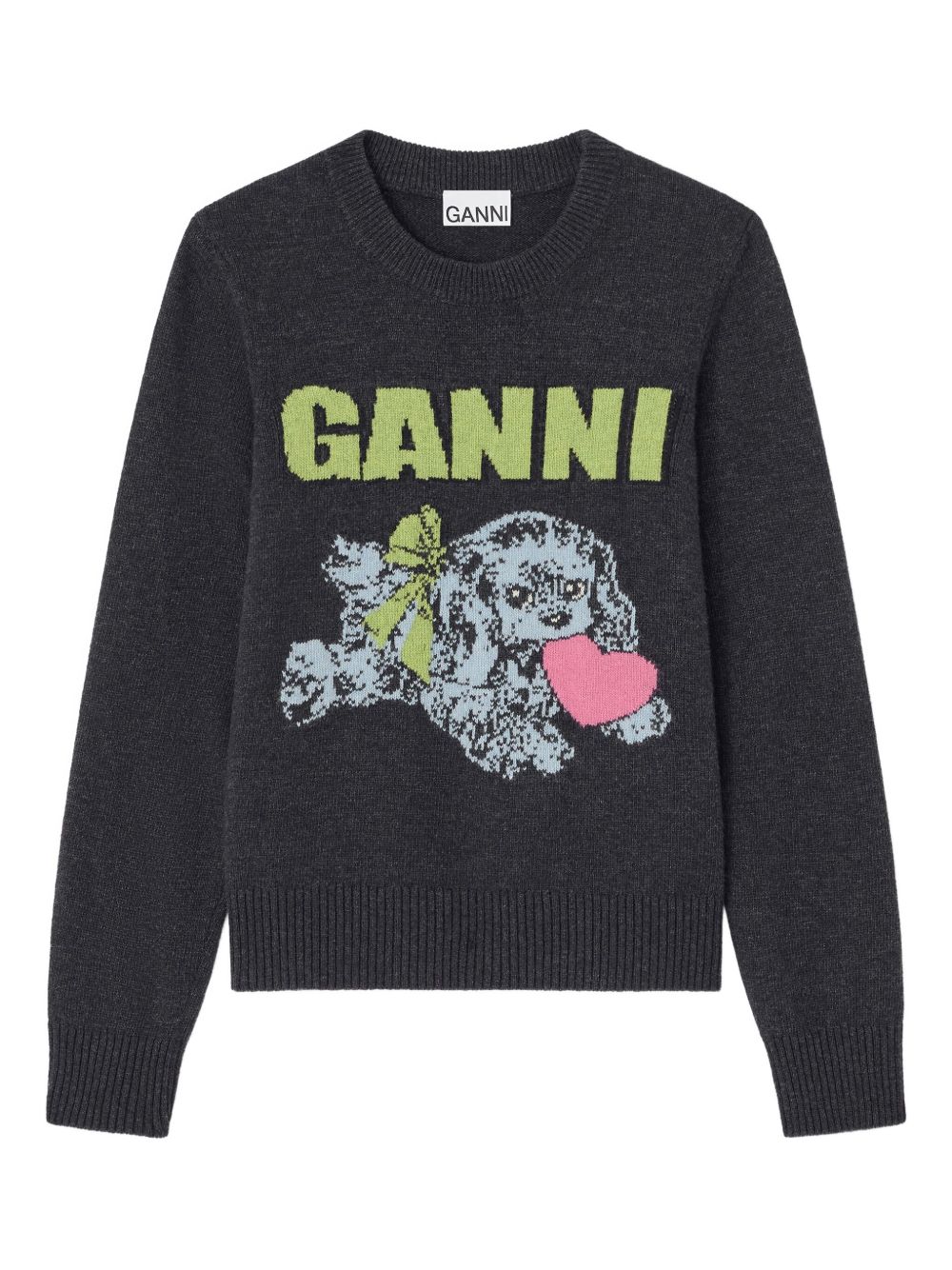 Ganni Puppy Love Dog-Graphic Wool-Blend Sweater Grey