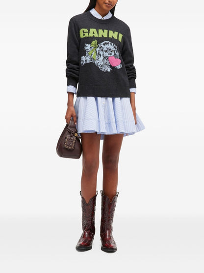 Ganni Puppy Love Dog-Graphic Wool-Blend Sweater Grey