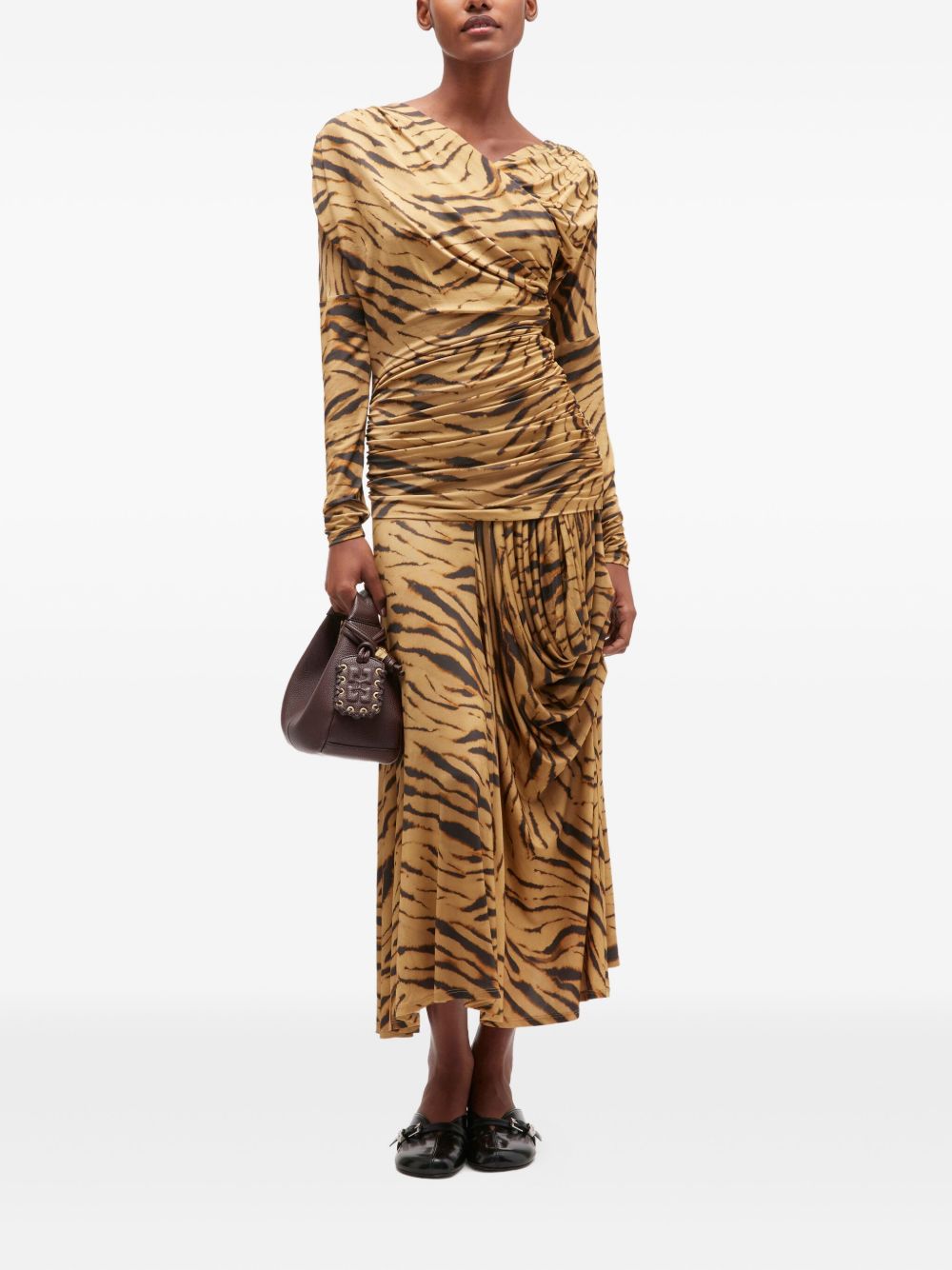 Ganni Tiger-Print Draped Long Dress Khaki