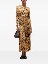 Ganni Tiger-Print Draped Long Dress Khaki