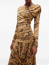 Ganni Tiger-Print Draped Long Dress Khaki