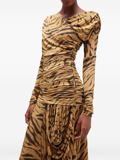 Ganni Tiger-Print Draped Long Dress Khaki