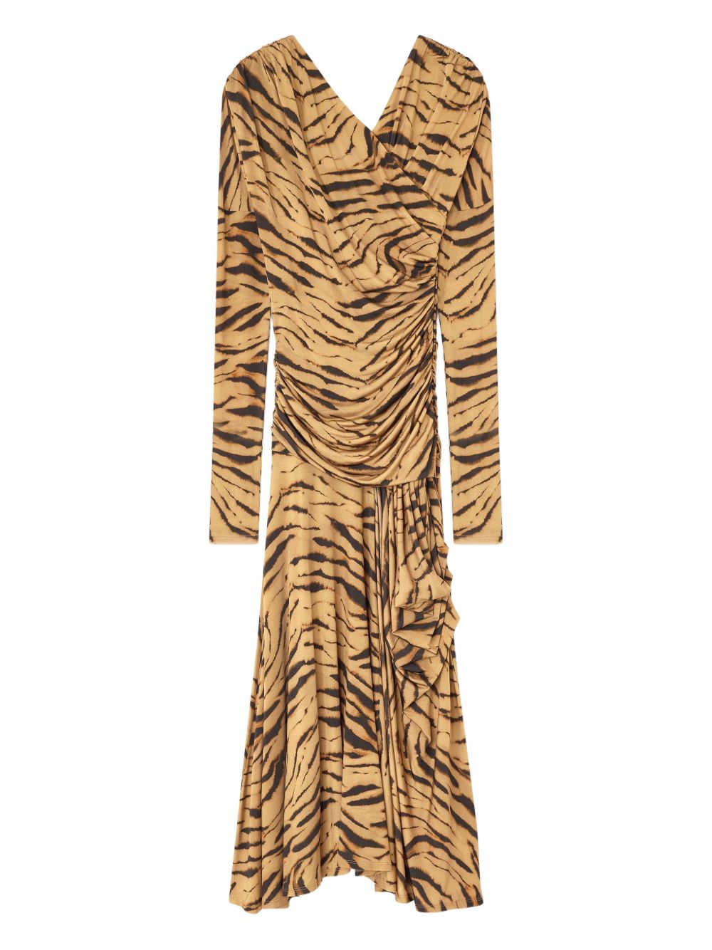 Ganni Tiger-Print Draped Long Dress Khaki