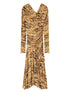 Ganni Tiger-Print Draped Long Dress Khaki