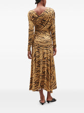 Ganni Tiger-Print Draped Long Dress Khaki
