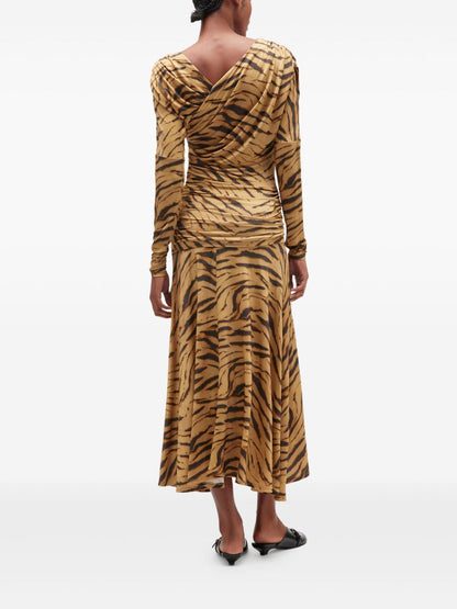 Ganni Tiger-Print Draped Long Dress Khaki