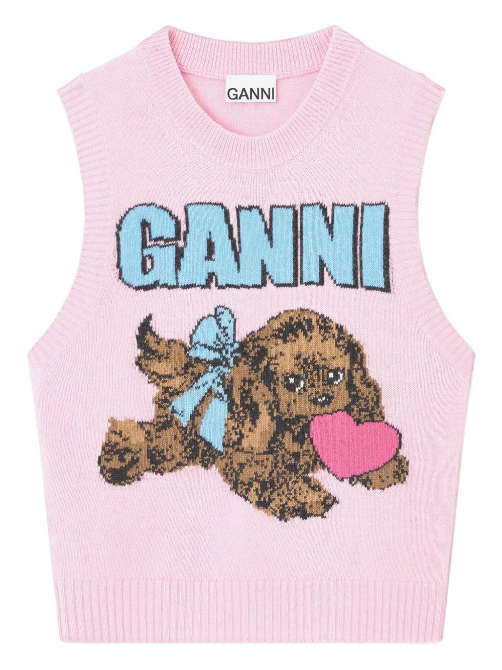 Ganni Sleeveless Intarsia Knit Cropped Wool Vest Pink Pink