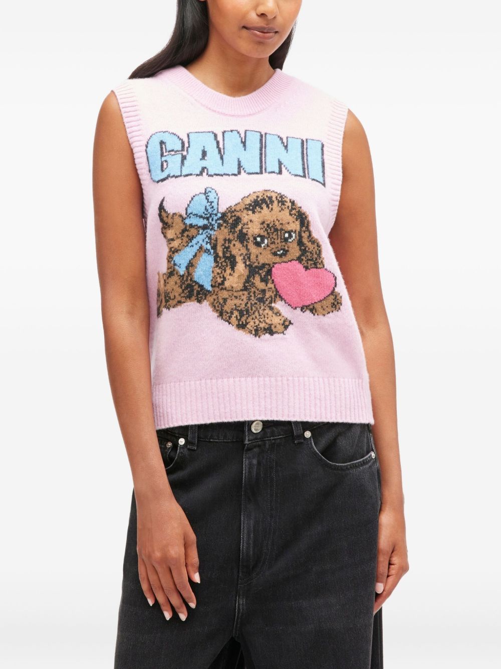 Ganni Sleeveless Intarsia Knit Cropped Wool Vest Pink Pink