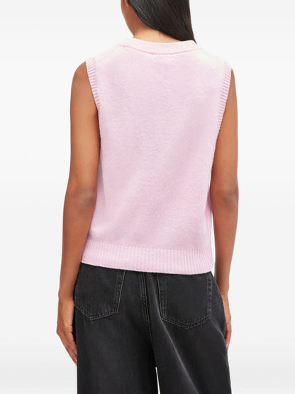 Ganni Sleeveless Intarsia Knit Cropped Wool Vest Pink Pink