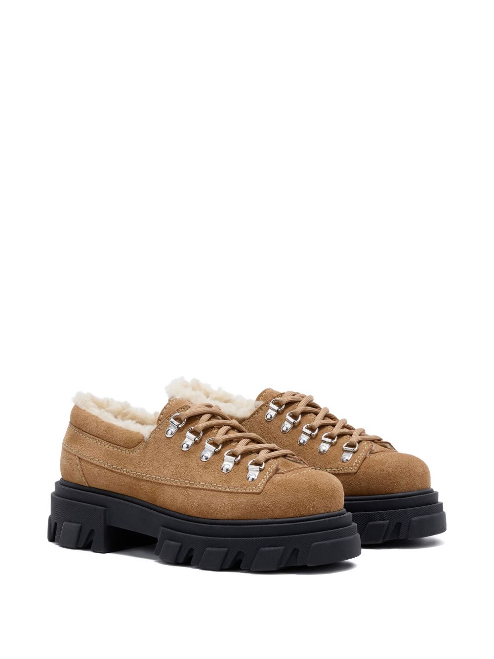 Ganni Suede Shearling Lace-Up Moccasins Light Brown