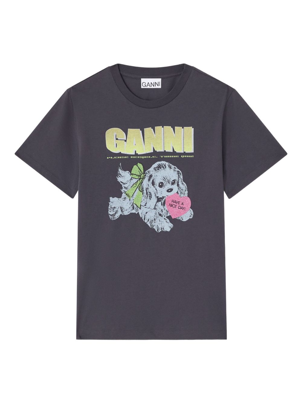 Ganni Neon Puppy Graphic Organic Cotton T-Shirt Grey