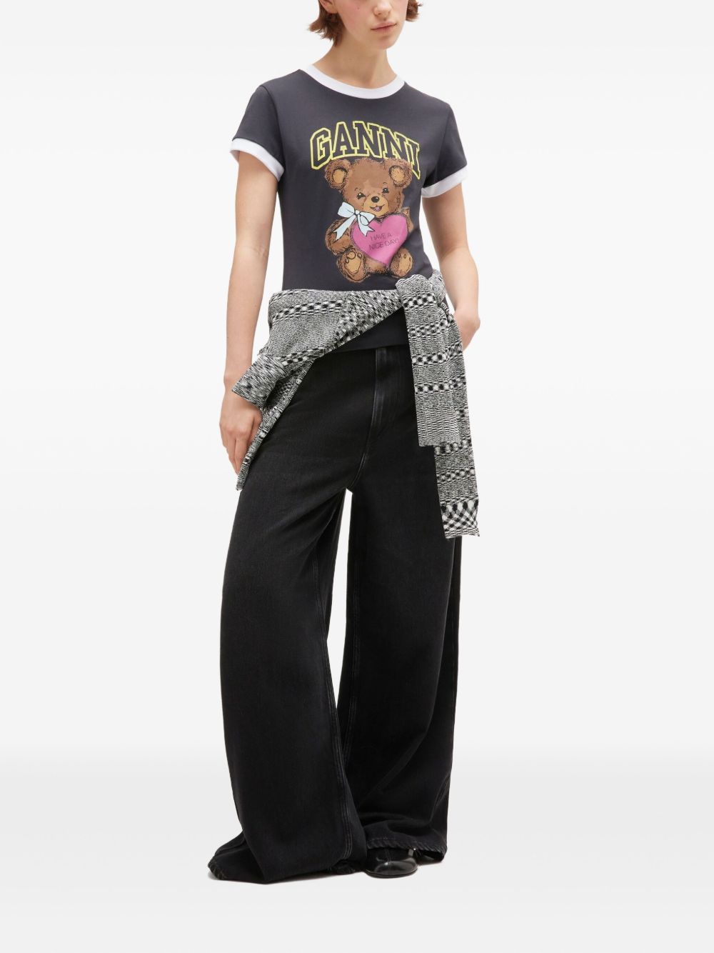 Ganni Organic Cotton Teddy-Bear Graphic Ringer T-Shirt Grey