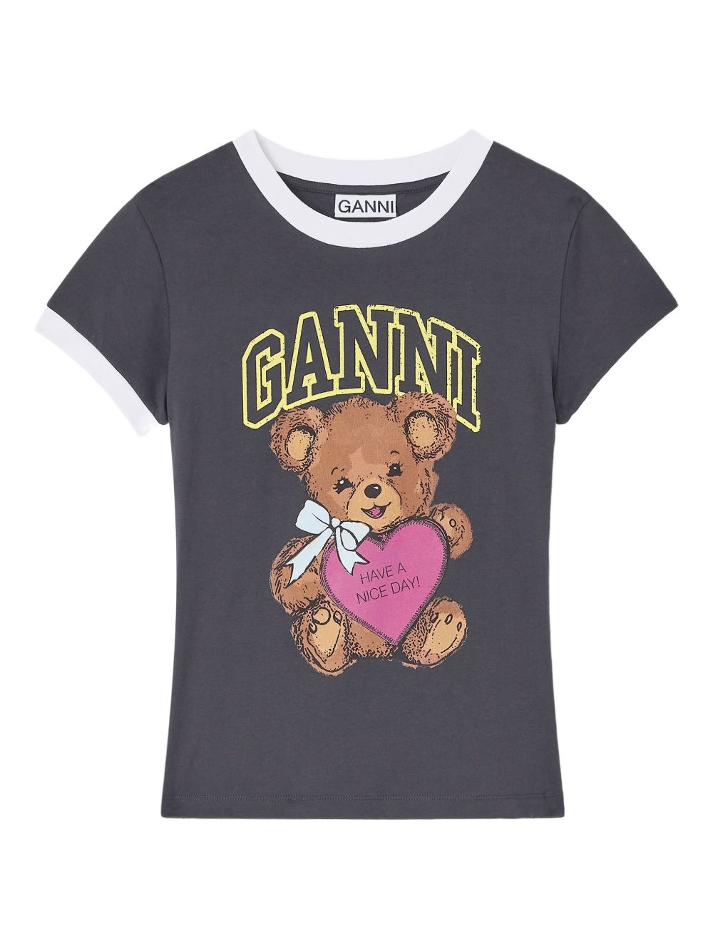 Ganni Organic Cotton Teddy-Bear Graphic Ringer T-Shirt Grey