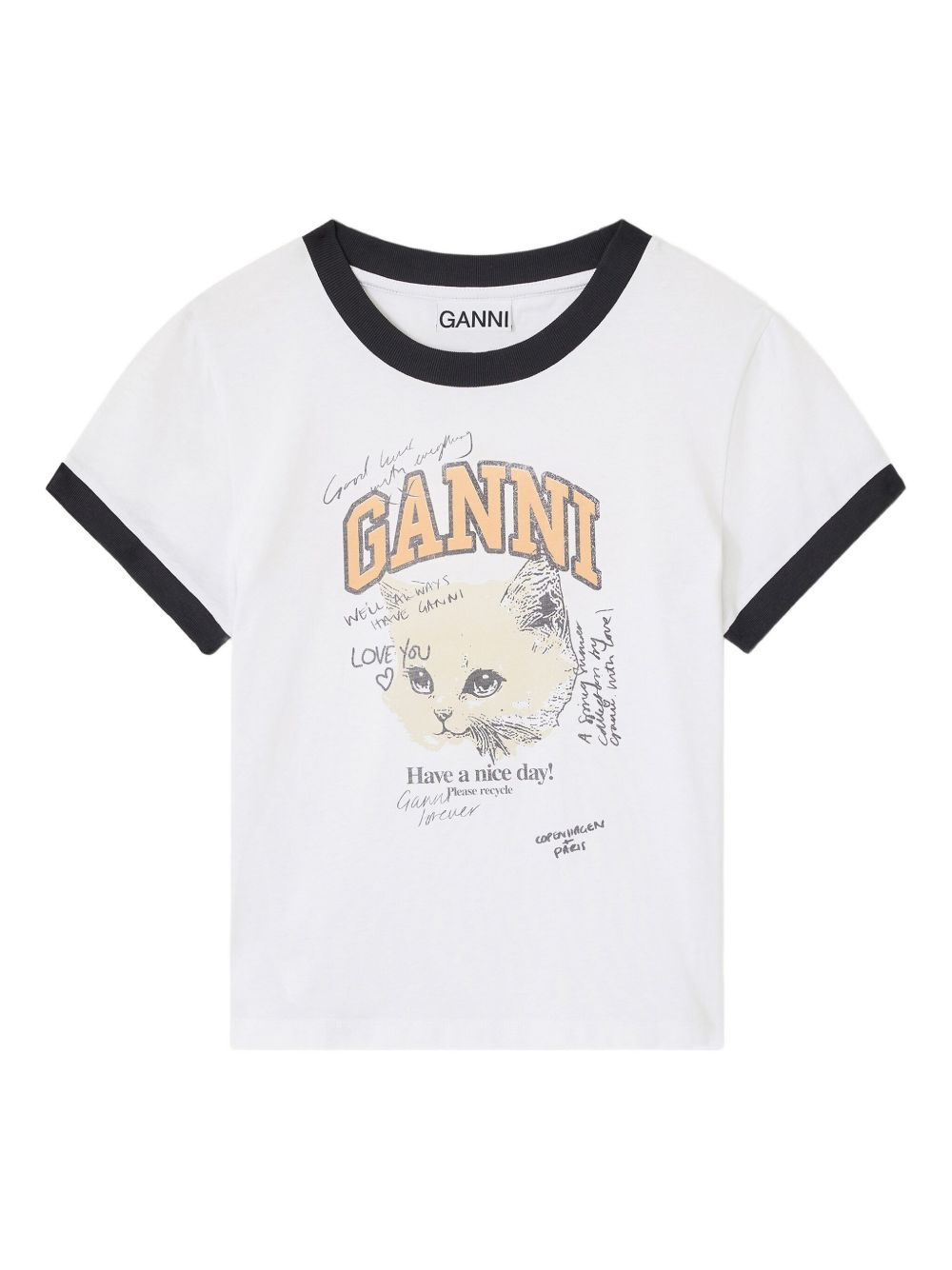 Ganni Kitty Cat Graphic Organic Cotton Ringer T-Shirt White