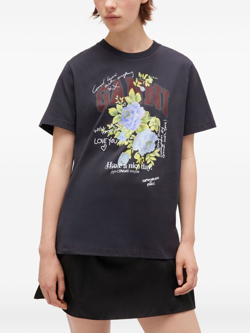 Ganni Floral and Graphic-Print Organic Cotton T-Shirt Grey