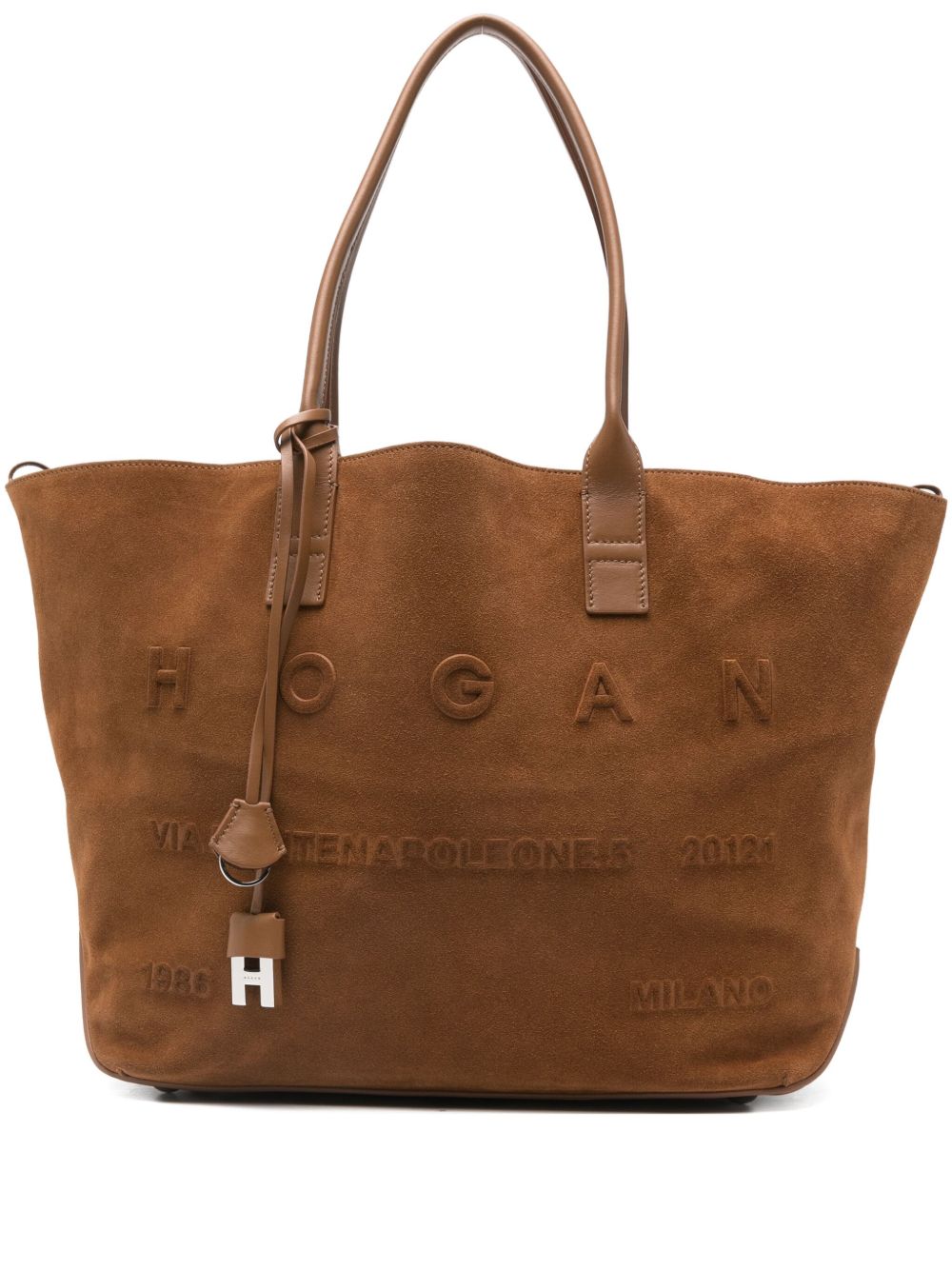 Hogan Pre Medium Script Embossed Suede Tote Bag Leather Brown