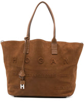 Hogan Pre Medium Script Embossed Suede Tote Bag Leather Brown