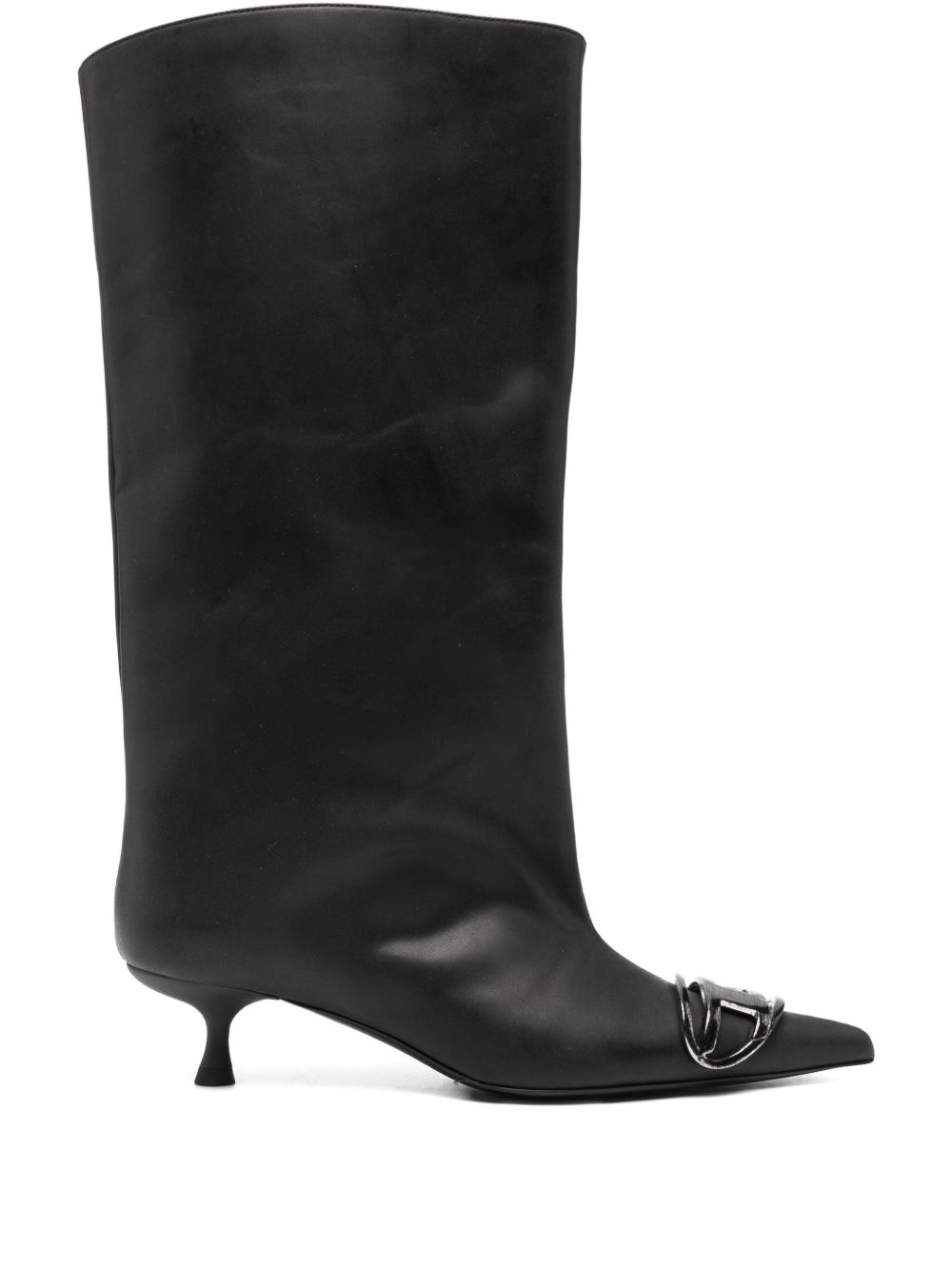 Diesel Venus Black Pointed Leather Kitten Heel Boots with Metallic Embellishment Black