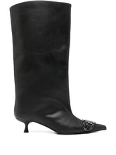 Diesel Venus Black Pointed Leather Kitten Heel Boots with Metallic Embellishment Black