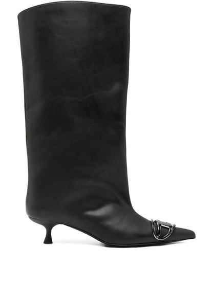 Diesel Venus Black Pointed Leather Kitten Heel Boots with Metallic Embellishment Black
